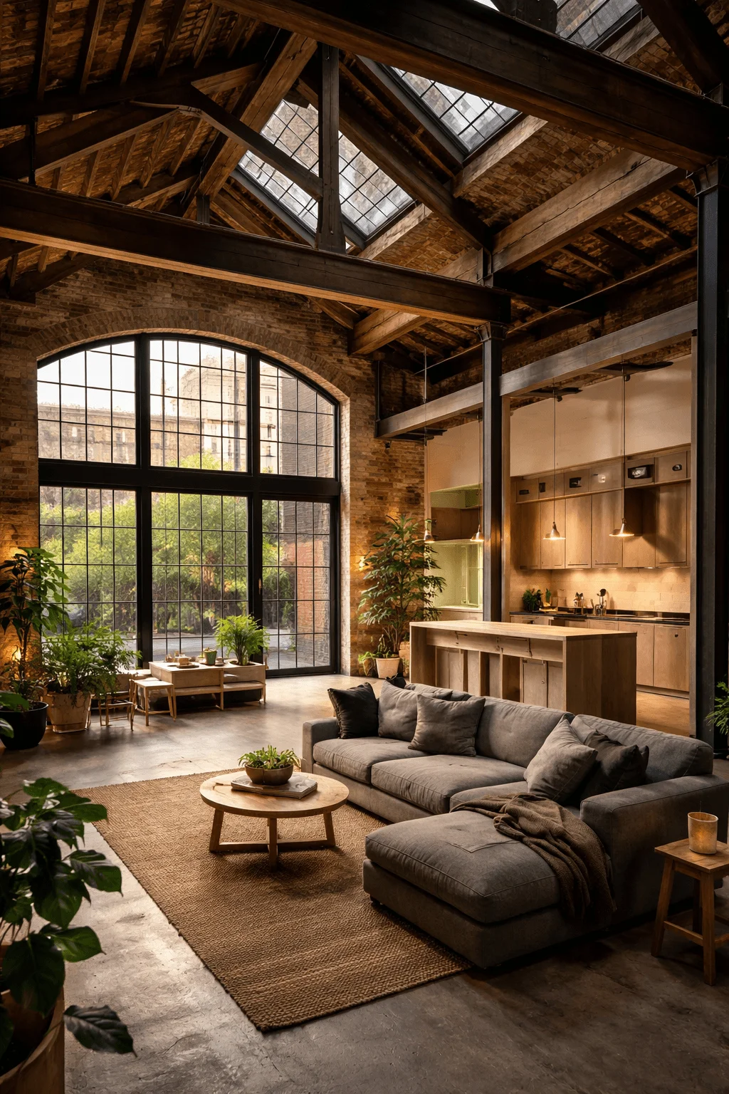 Adaptive reuse interior transforming an old industrial building into a modern eco-friendly living space with natural light and plants.