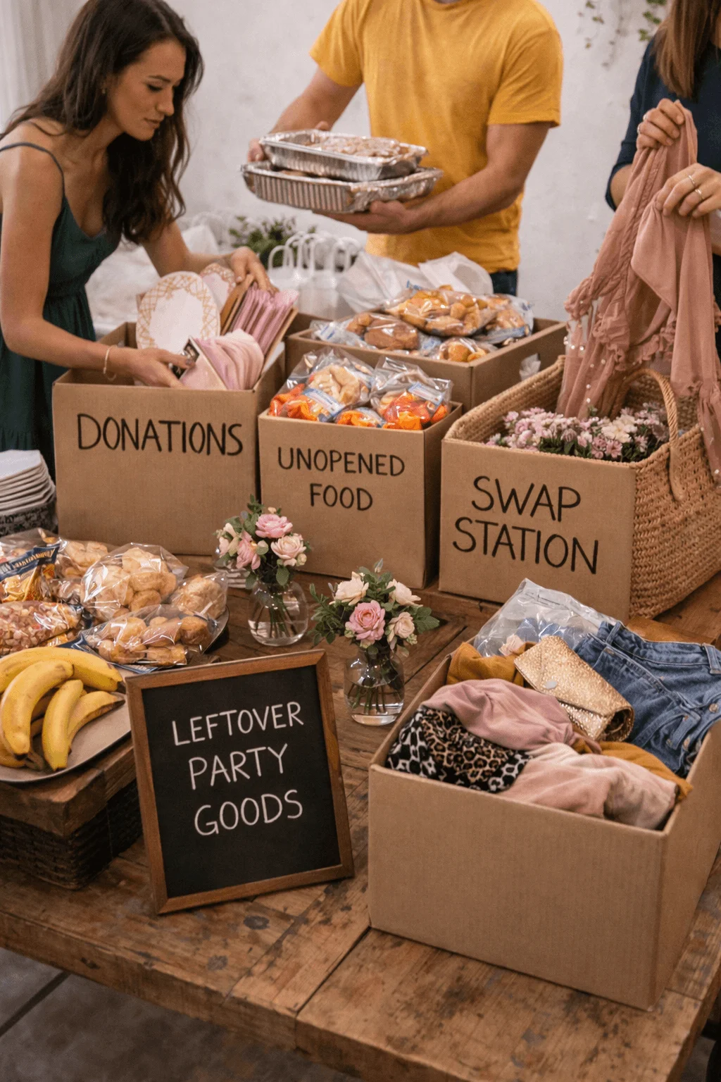 Indoor party cleanup area set up with clearly labeled cardboard boxes reading “Donations,” “Unopened Food,” and “Swap Station,” along with a chalkboard sign that says “Leftover Party Goods.” Guests sort items including packaged snacks, baked goods in trays, bananas, folded napkins, and clothing accessories into the appropriate boxes, with small floral arrangements decorating the wooden table.