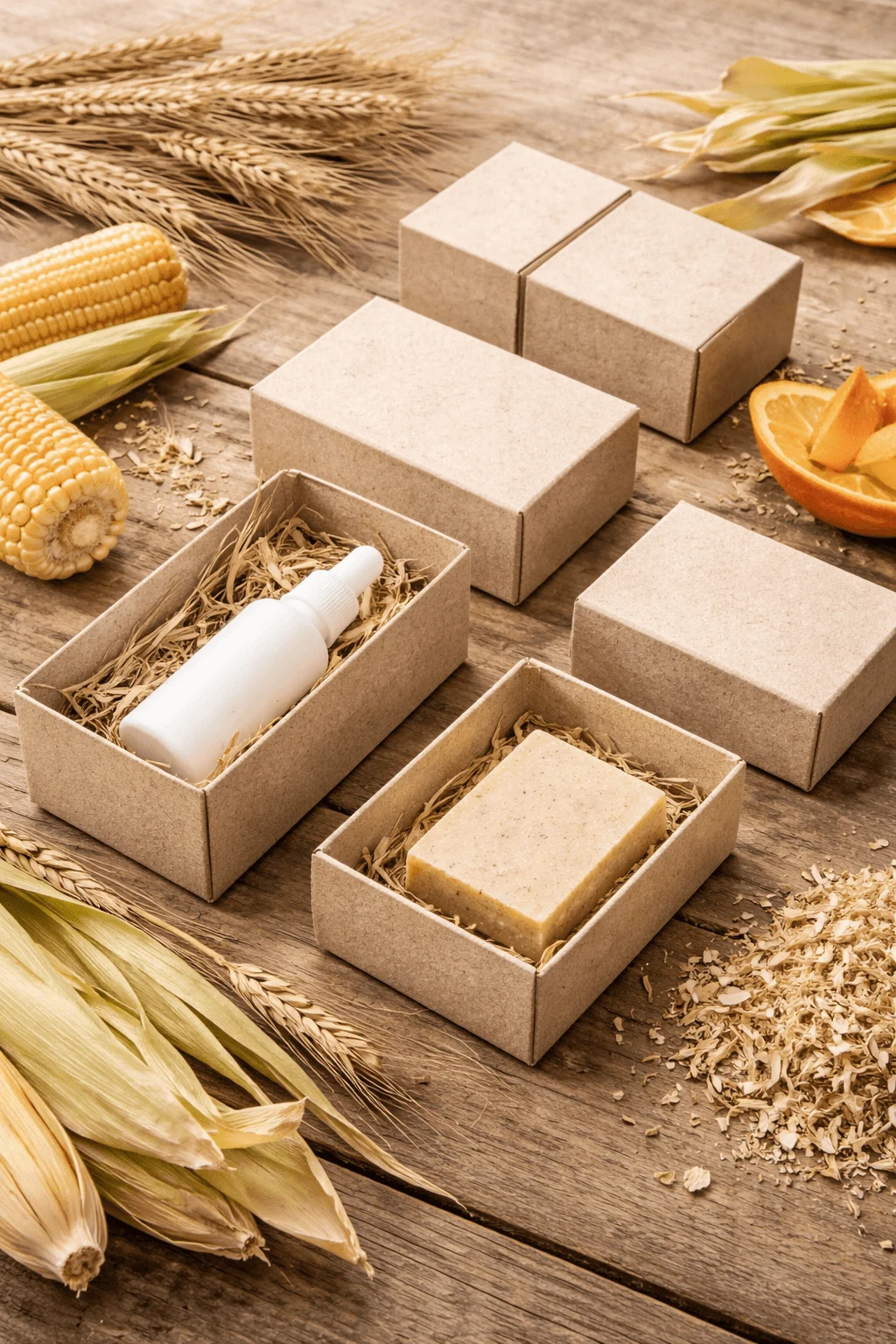 Packaging boxes made from agricultural waste fibers, featuring natural textures and filled with straw cushioning, used for eco friendly storage of products like soap and bottles