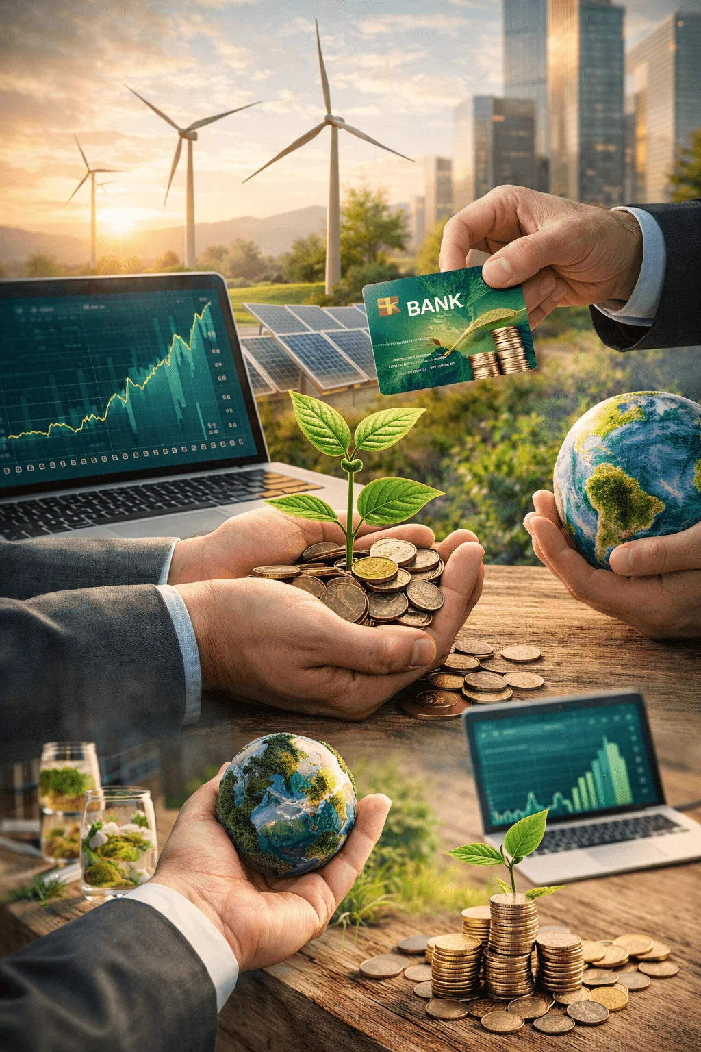 Collage illustrating sustainable investing with renewable energy projects, financial growth charts, coins with plants, and hands holding the Earth symbolizing eco-friendly finance.