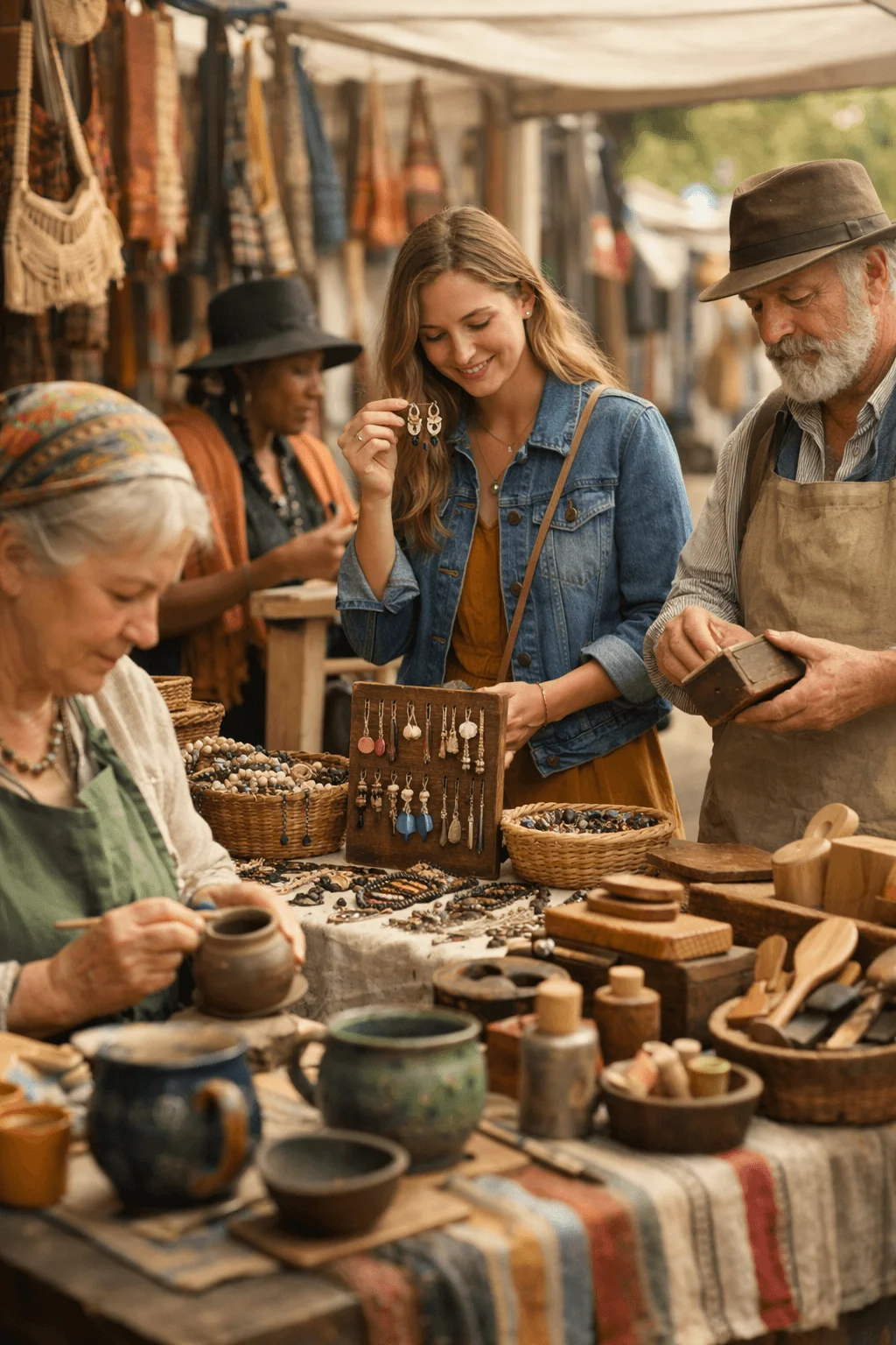 Woman browsing handmade earrings at an artisan market stall with craftspeople selling pottery jewelry and wooden items in a local handmade marketplace setting.
