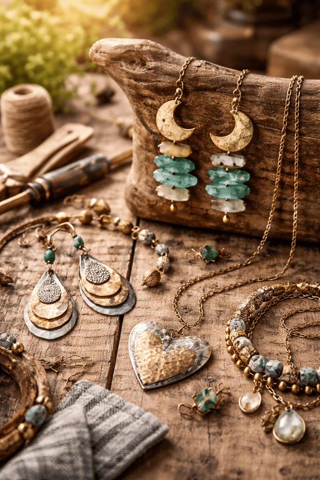 Artisanal upcycled jewelry displayed on a rustic wooden table featuring handcrafted earrings necklaces and bracelets made from repurposed metals and natural stones with tools and materials in the background highlighting sustainable handmade craftsmanship