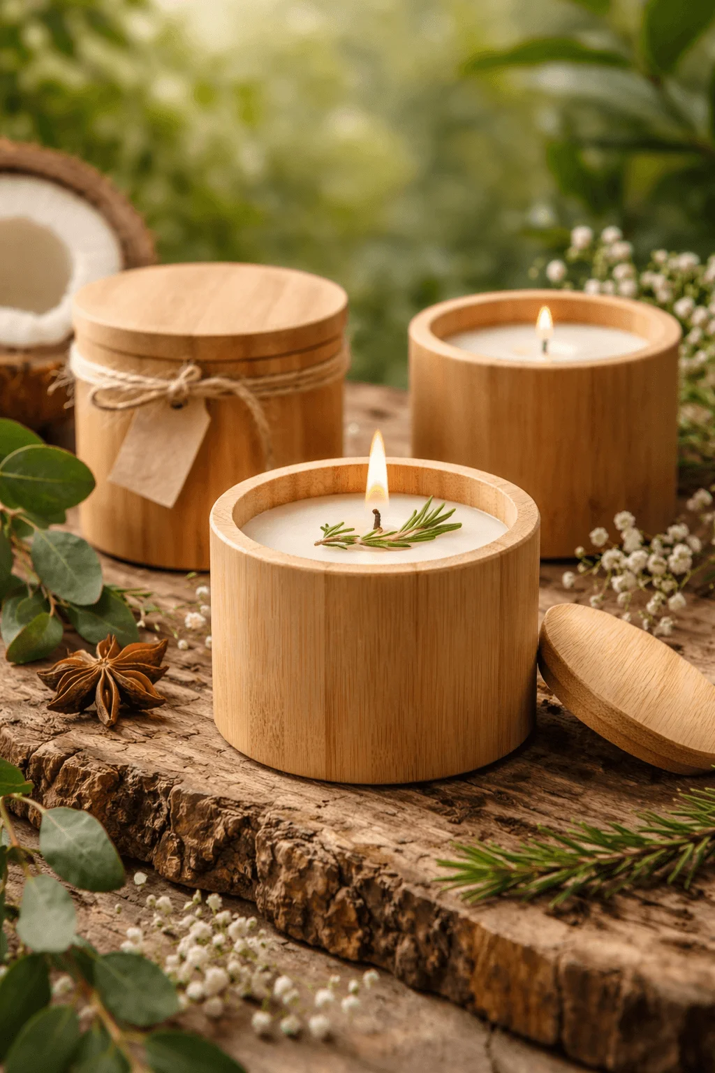 Soy candles in reusable bamboo containers with matching lids, styled with natural greenery and rustic wooden textures