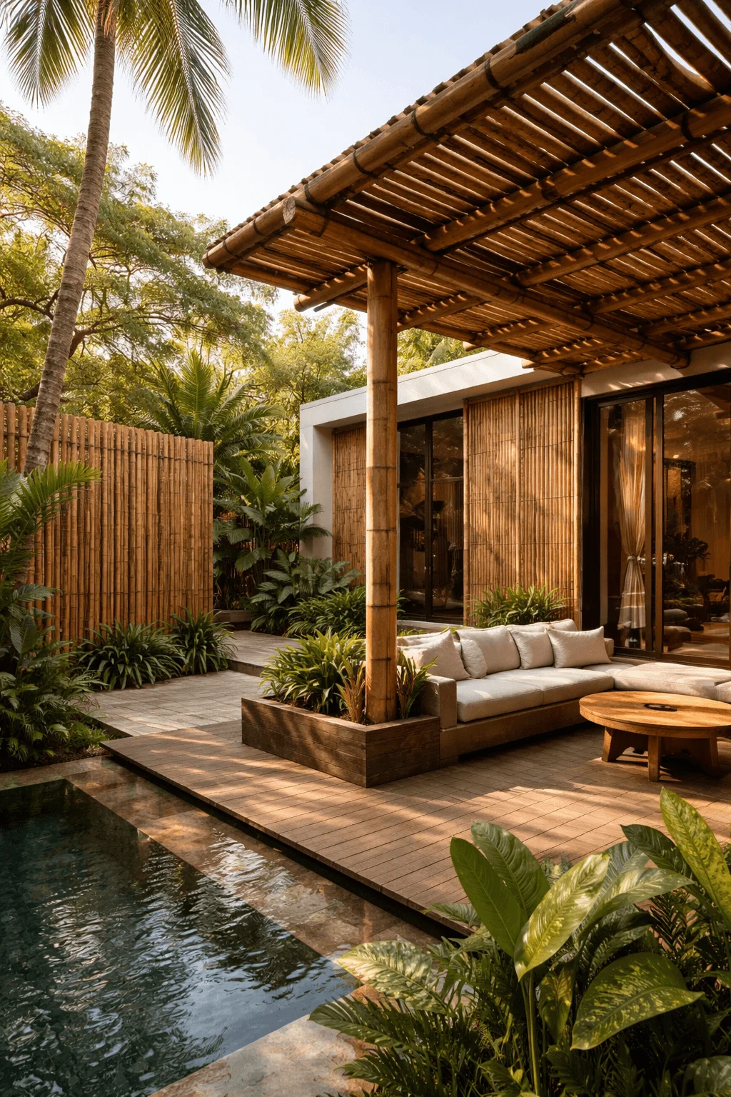 Eco-friendly house exterior featuring bamboo architectural elements, including a bamboo pergola, privacy fencing, and natural bamboo wall panels. The design incorporates a shaded outdoor seating area, tropical landscaping with lush plants, and a small reflective water feature, creating a sustainable and naturally ventilated living space that blends with the surrounding environment.