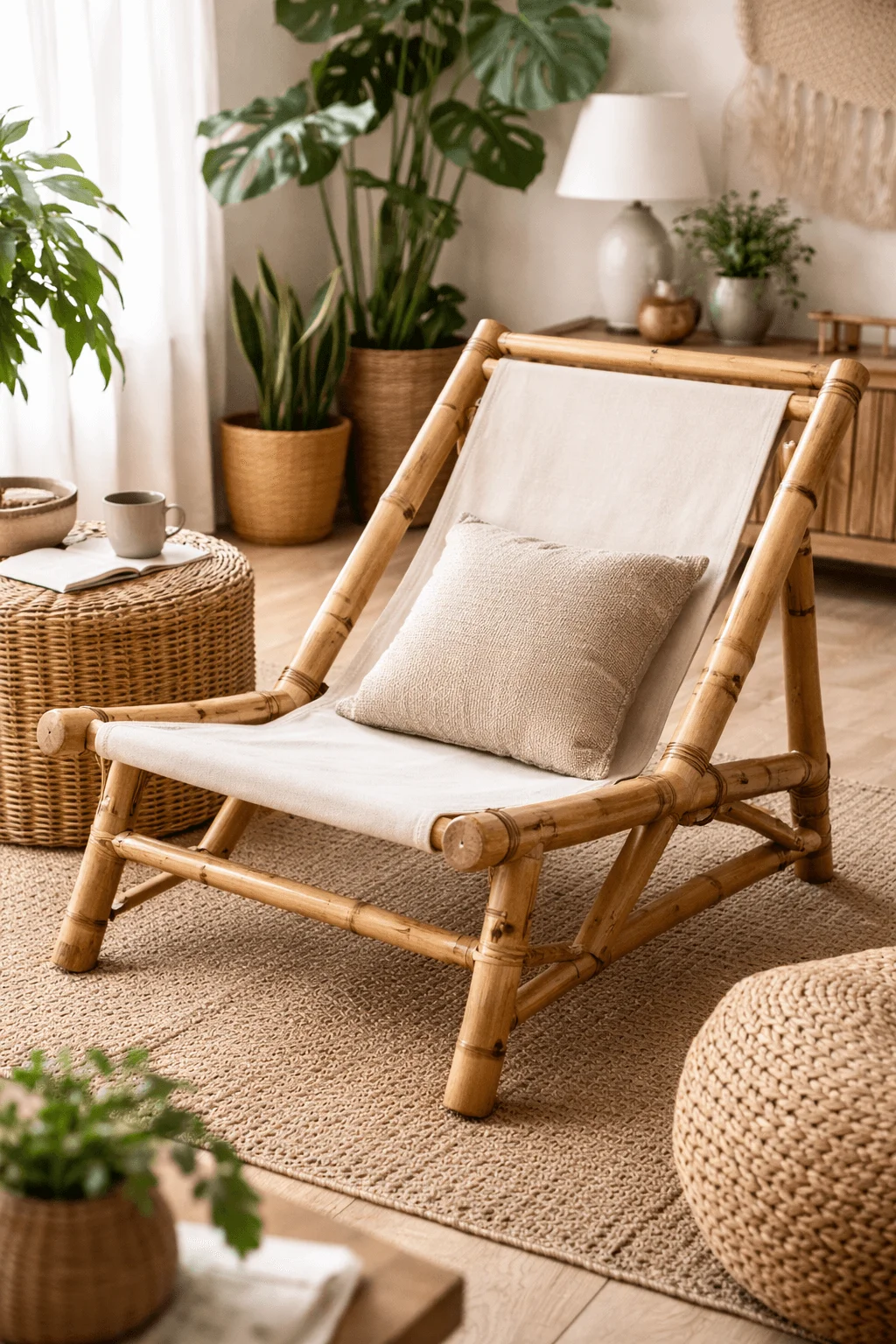 Bamboo frame lounge chair with a neutral fabric sling seat and cushion in a cozy boho-style living room with plants and woven decor.