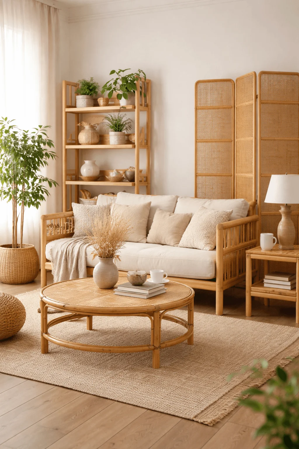 Minimalist living room with bamboo furniture neutral sofa woven textures indoor plants light wood shelving and soft natural decor creating a calm eco friendly space.
