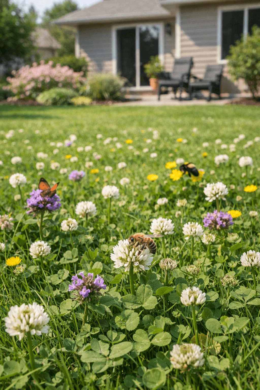 Bee and butterfly gathering nectar from white clover and small wildflowers in a backyard lawn with a house and patio chairs in the background