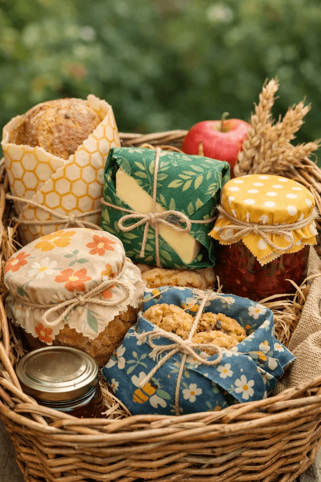 Wicker gift basket filled with homemade food items wrapped in colorful beeswax cloth and tied with twine including bread cheese cookies and jam jars arranged on straw outdoors