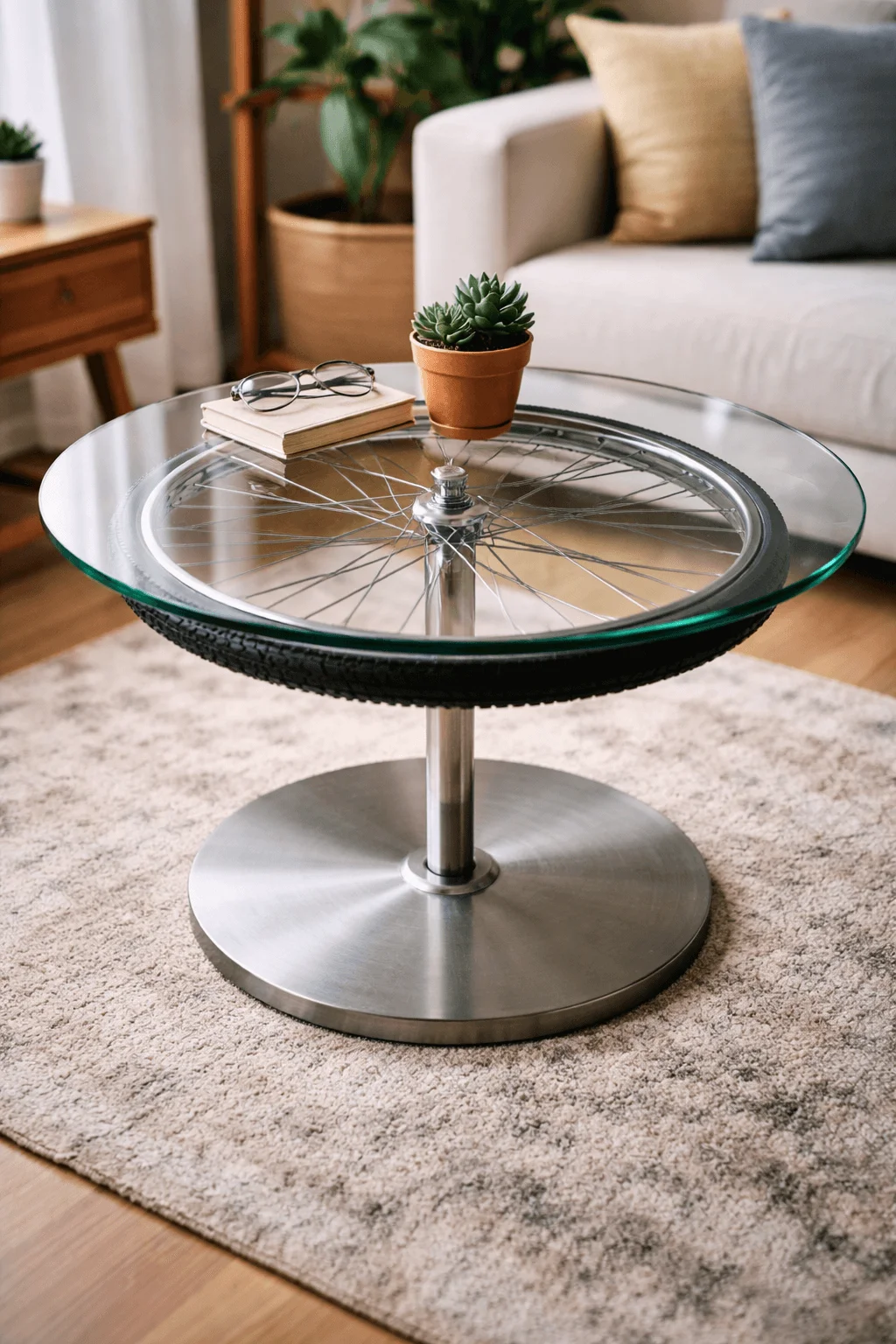 Upcycled bicycle wheel coffee table with a glass top and metal base, styled in a modern living room with a small plant and books.