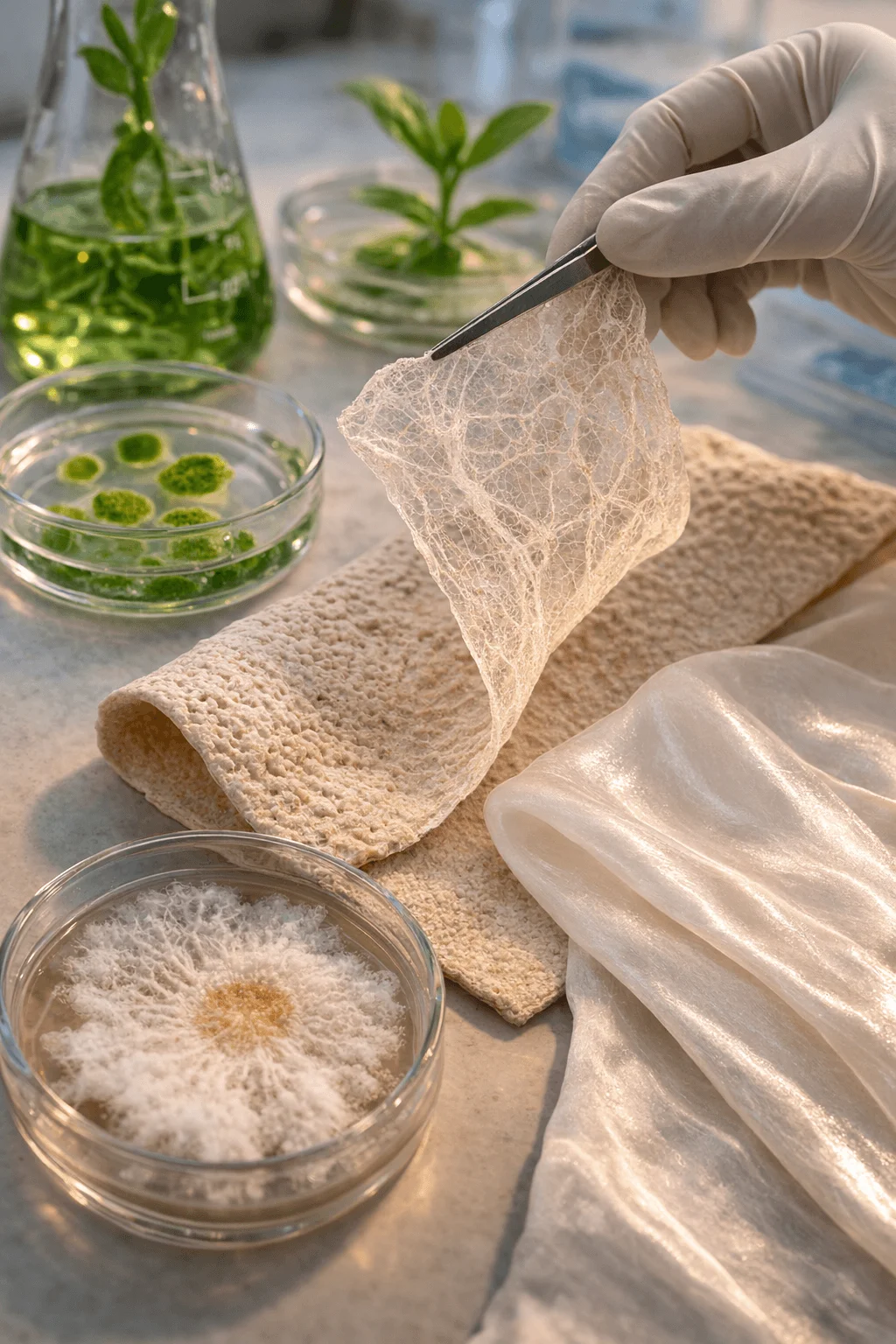 Laboratory research on bio-fabricated sustainable fabrics, showing a scientist handling a thin biodegradable textile sample with tweezers. Petri dishes with fungal and algae cultures, glass flasks with plant samples, and experimental organic textiles illustrate the development of eco-friendly materials for sustainable fashion and biodegradable clothing innovation.