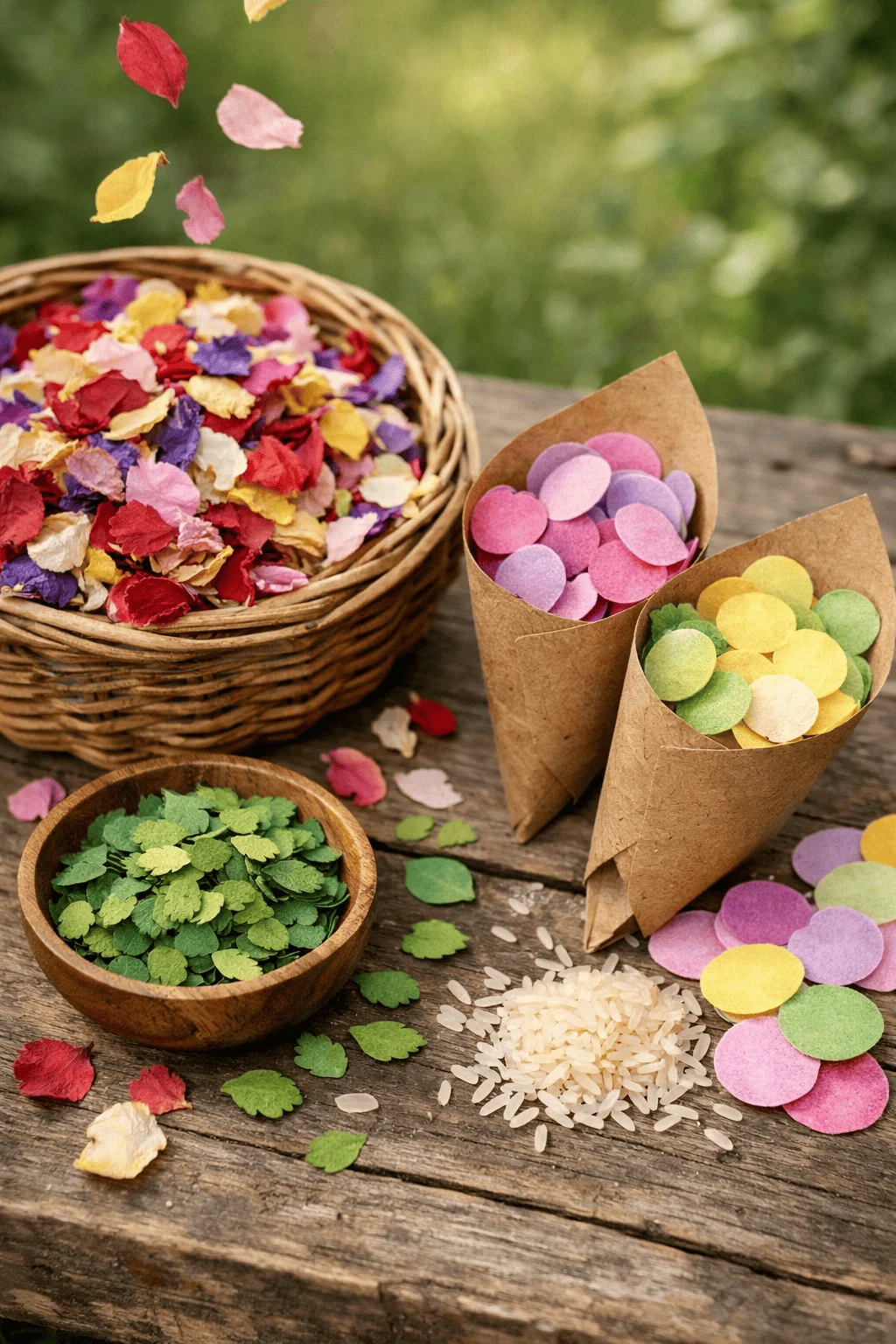 Basket of dried flower petals and paper cones filled with colorful biodegradable confetti alongside green leaf shapes and uncooked rice displayed on a rustic wooden table outdoors