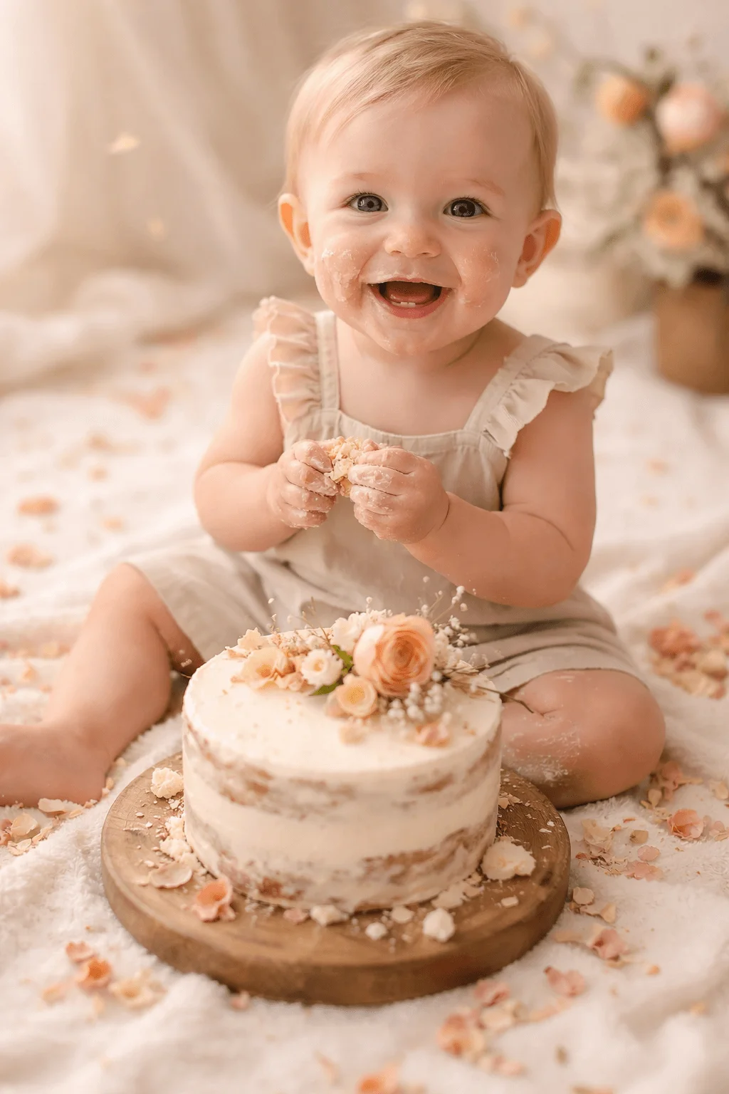 Smiling baby sitting on a soft blanket during a cake smash holding pieces of cake with frosting on face surrounded by flower petals and a small decorated cake on a wooden board