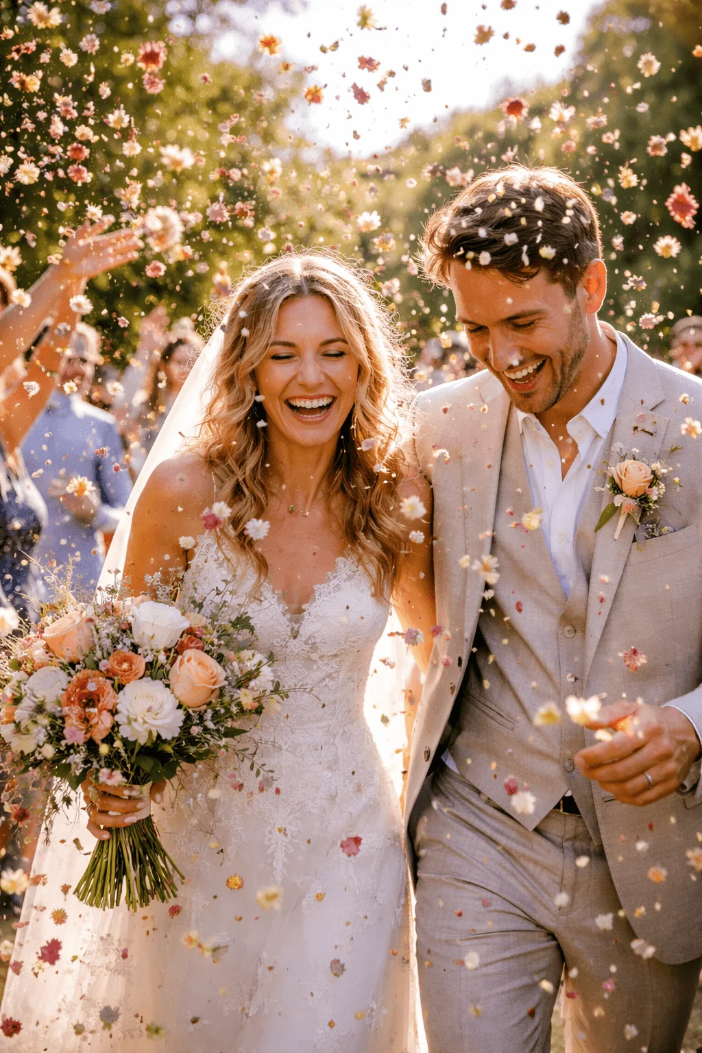 Bride and groom walking outdoors after wedding ceremony smiling as guests toss biodegradable flower petal confetti in warm golden sunlight with greenery in the background