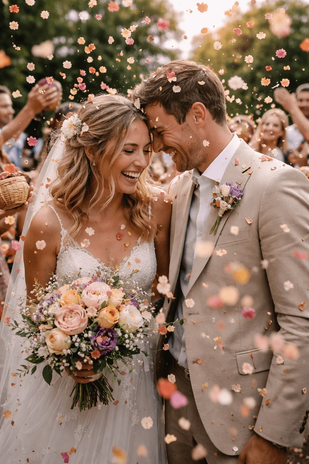 Bride and groom smiling and leaning their foreheads together outdoors as guests toss biodegradable flower petal confetti around them with the bride holding a pastel rose bouquet and wearing a lace gown and veil while the groom wears a light beige suit with a boutonniere in a joyful garden celebration setting