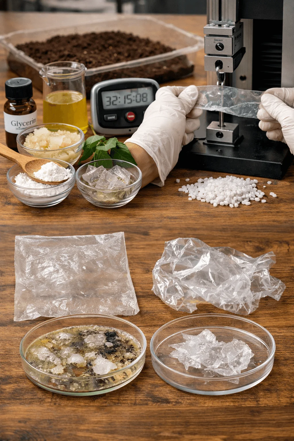 Laboratory experiment testing biodegradable plastic made from natural materials with glycerin starch and plant based ingredients while a tensile testing machine stretches a transparent sample and petri dishes show decomposition results