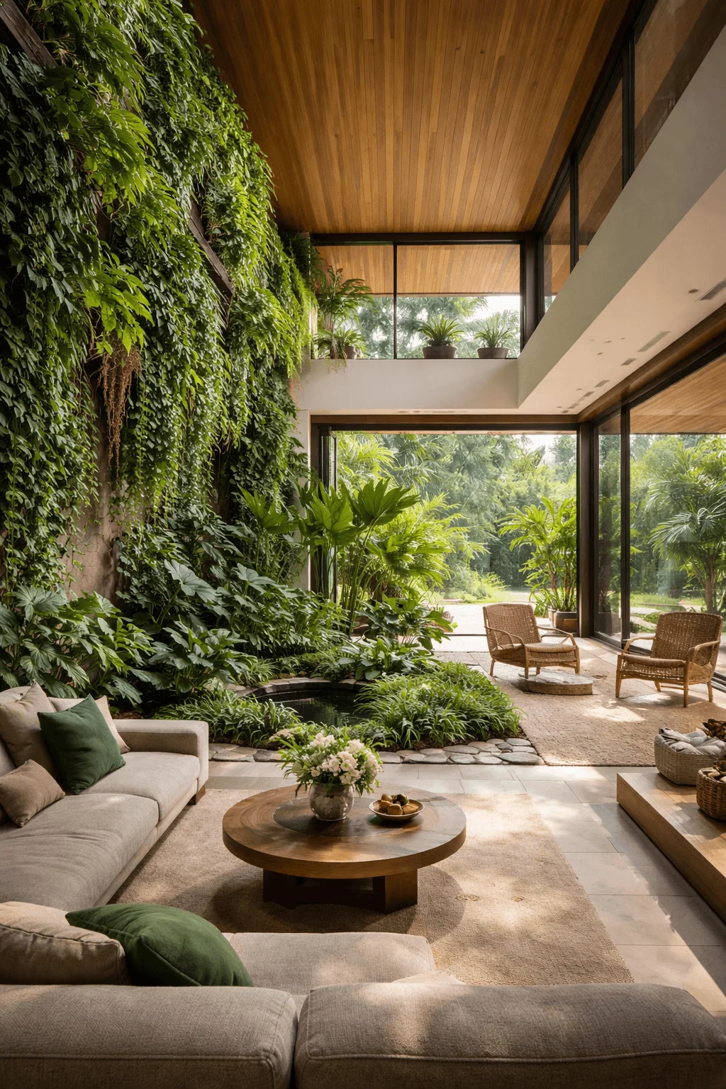 Modern biophilic architecture interior with a living green wall, indoor garden courtyard, natural wood ceiling, and large glass openings connecting the living space to nature.