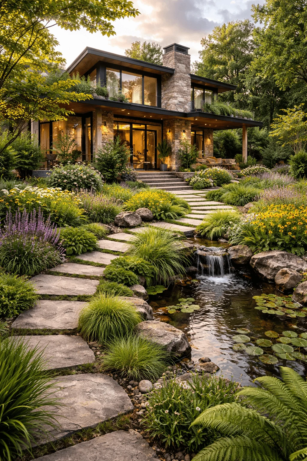 Modern home with biophilic exterior landscaping featuring native plants, natural stone pathways, and a small garden pond with a waterfall integrated into the surrounding greenery.