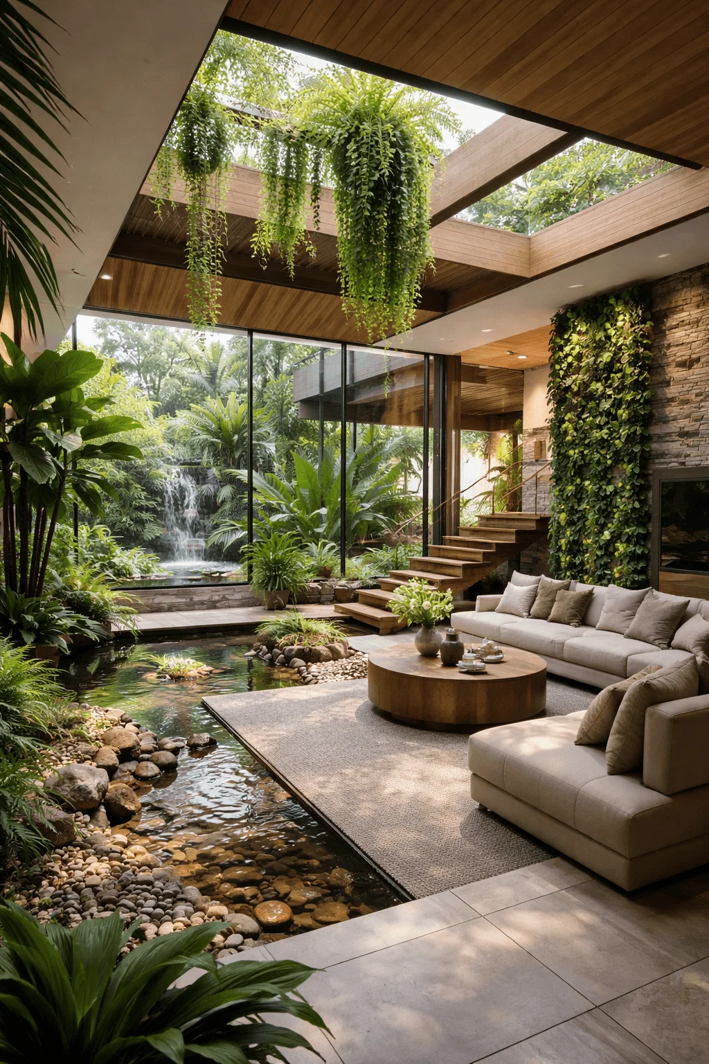 Biophilic house design with indoor garden, natural pond, hanging plants, and large glass windows connecting interior to nature.
