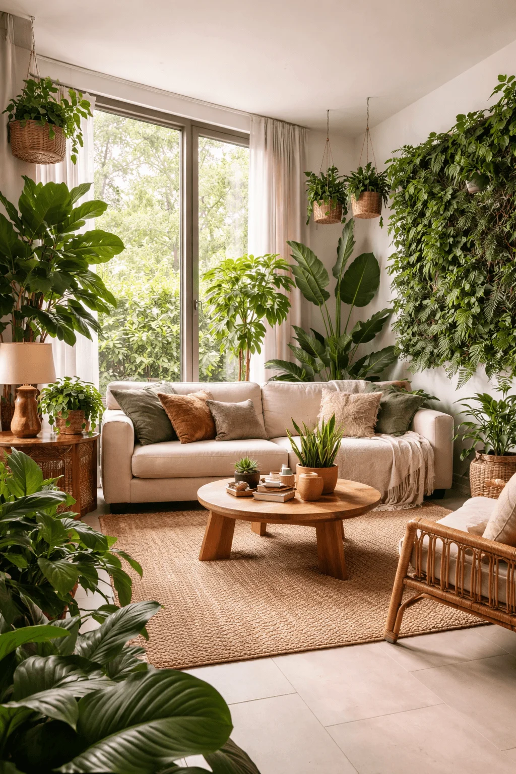 Biophilic living room design with abundant indoor plants natural light large window neutral sofa woven baskets wooden coffee table and cozy organic textures.