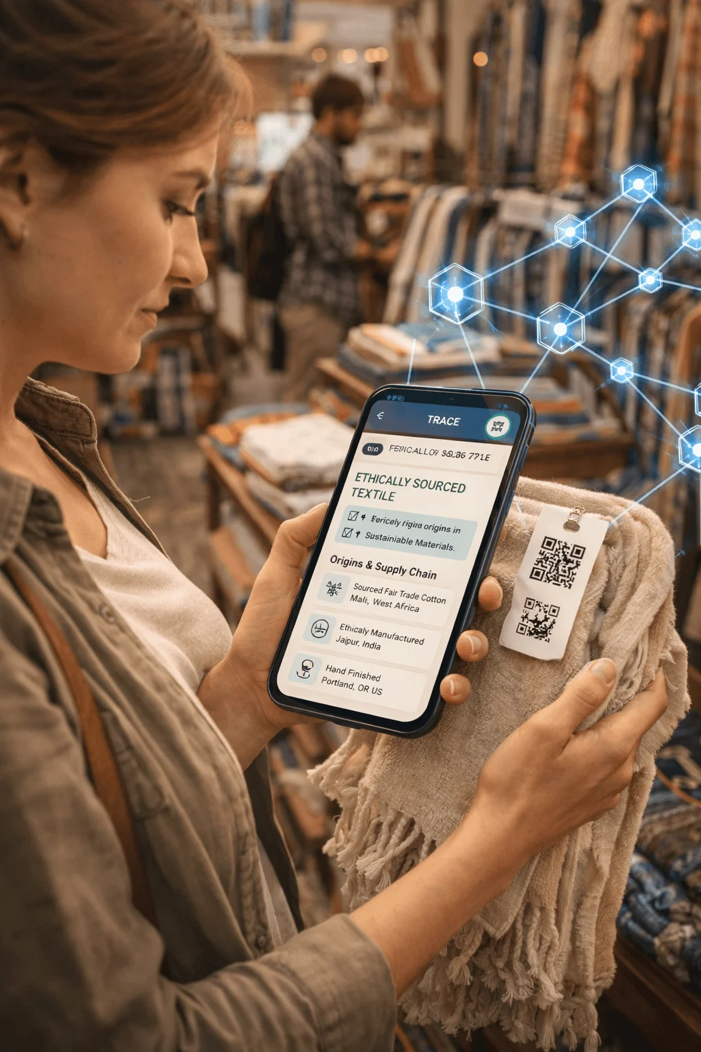 Shopper scanning a QR code on a textile with a smartphone to view blockchain-verified supply chain details, showing ethically sourced materials, fair trade origins, and transparent manufacturing information.