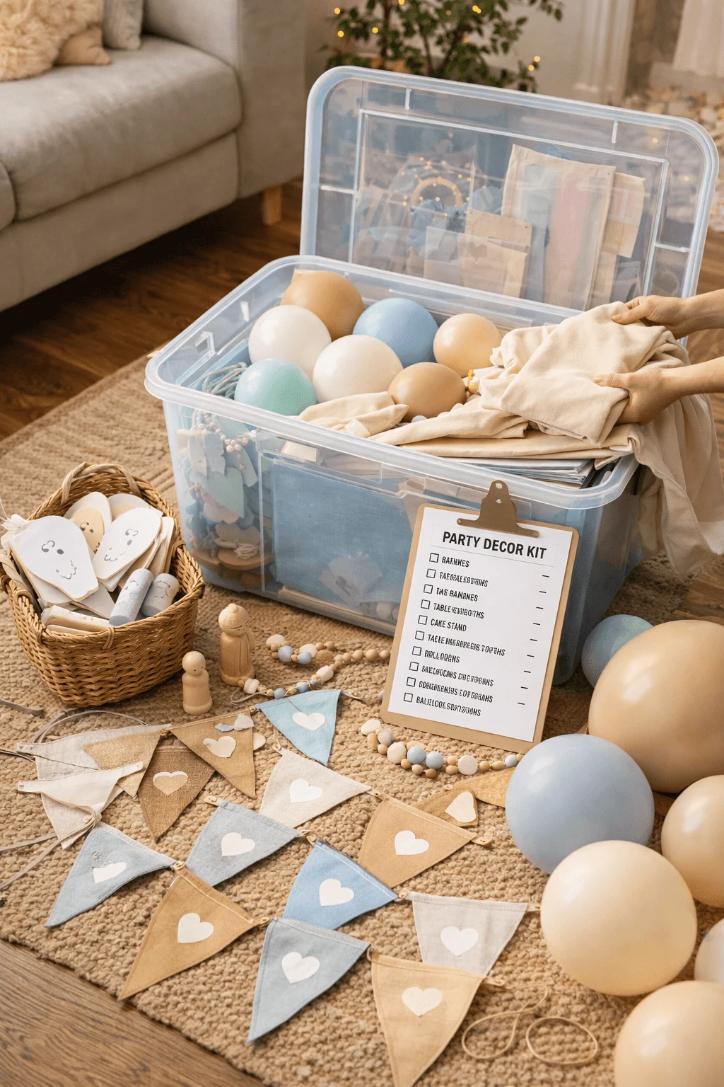Clear plastic storage bin labeled party decor kit filled with reusable balloons fabric bunting and supplies placed on a living room rug with neutral heart garlands wooden toys and a checklist board arranged nearby