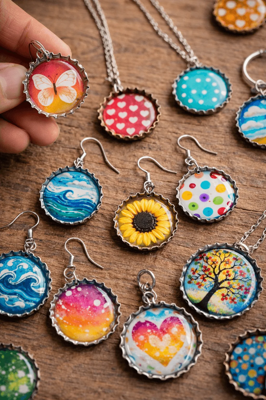 Handmade jewelry crafted from bottle caps featuring colorful designs, including earrings and necklaces displayed on a wooden surface.