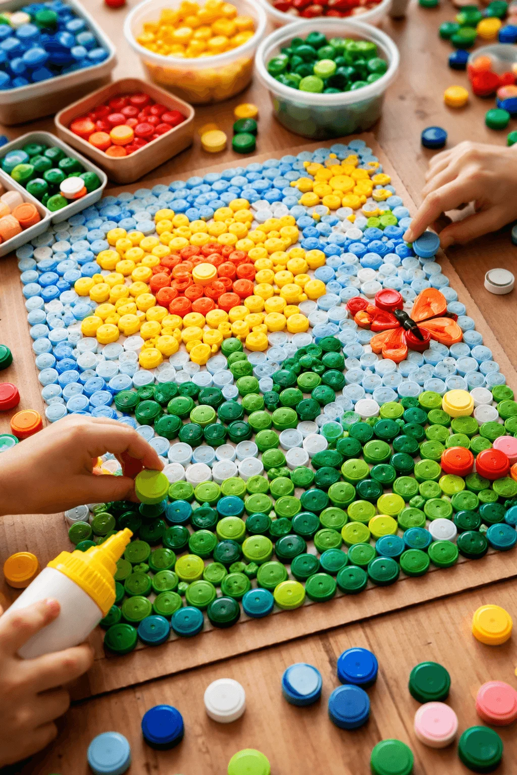 Children creating colorful mosaic art using recycled plastic bottle caps arranged to form a bright sun blue sky green grass and a butterfly while glue and containers of sorted caps are spread across a craft table.