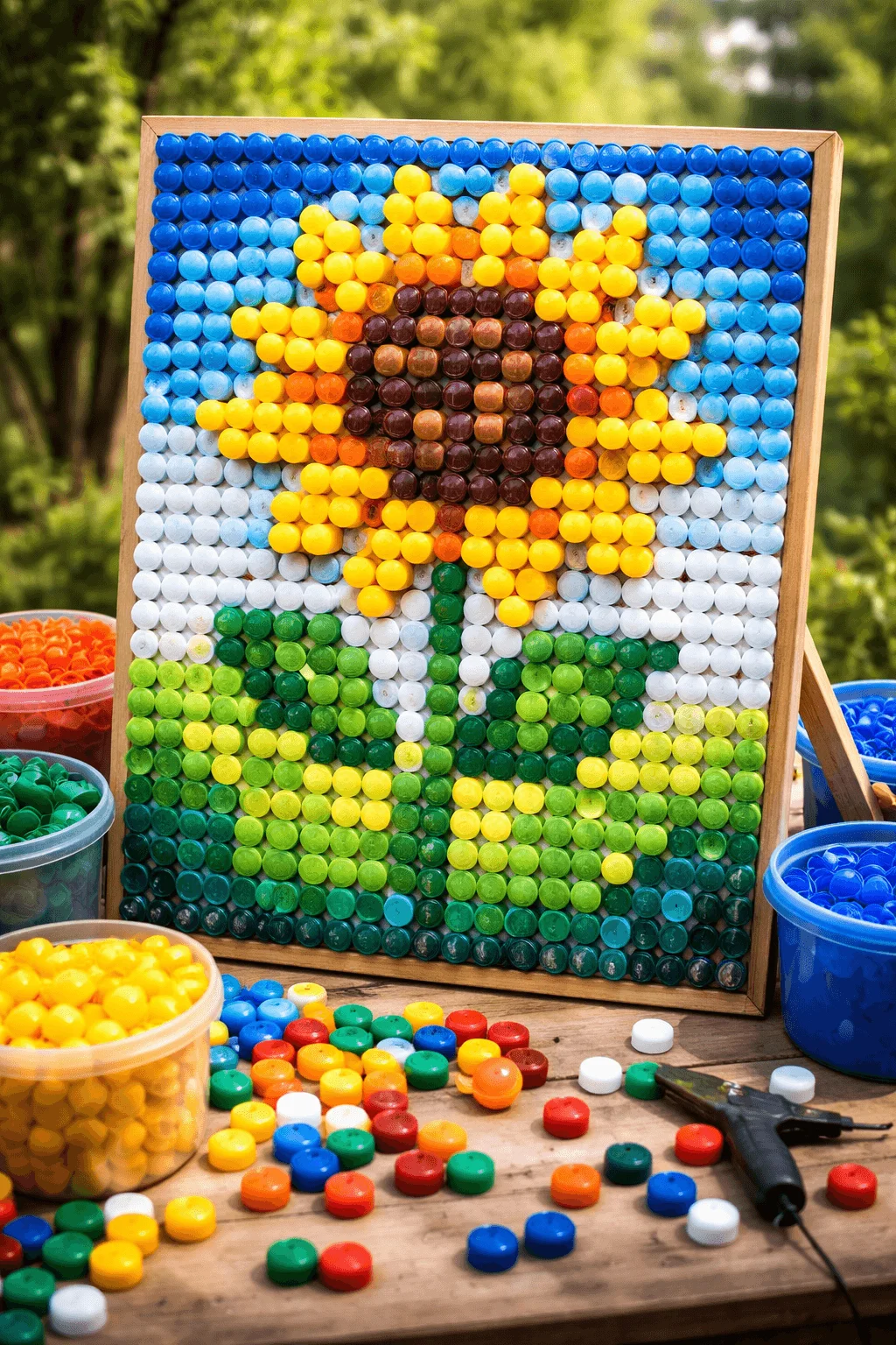 Colorful pixel art made from recycled bottle caps forming a sunflower design on a wooden board with craft supplies around