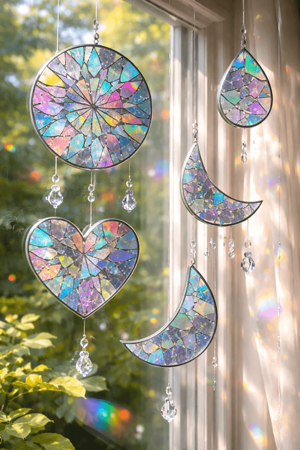 Sun catchers made from broken CDs arranged in mosaic designs hanging by a window reflecting colorful light patterns