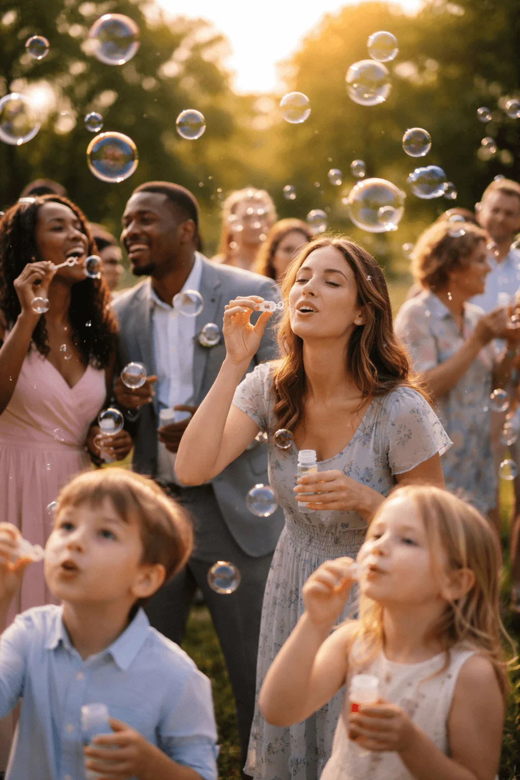 Group of adults and children outdoors at sunset blowing bubbles into the air during a celebration with warm golden light and greenery in the background creating a joyful eco friendly alternative to balloon releases