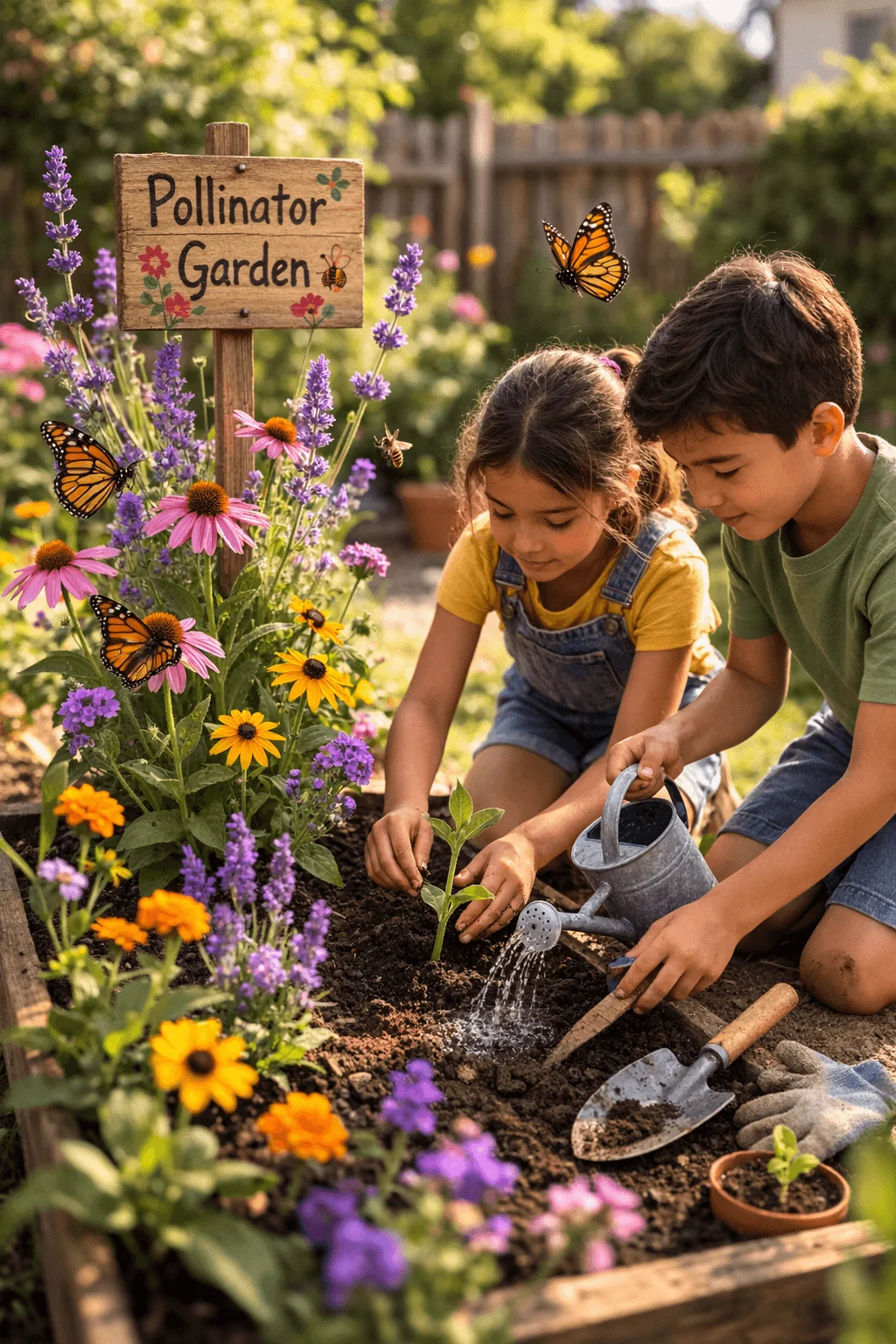 Two children planting a young seedling in a raised backyard garden bed filled with colorful flowers, beneath a wooden sign that reads “Pollinator Garden.” One child waters the plant with a metal watering can while the other gently presses soil around the stem. Butterflies flutter among blooming purple, pink, and yellow flowers, with small gardening tools and gloves resting nearby in the sunlit garden.