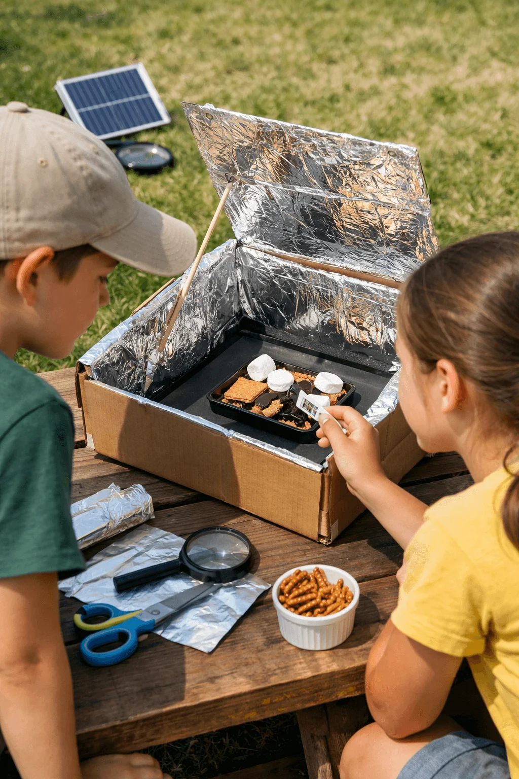 Two children conducting a simple solar oven experiment outdoors. They look inside a homemade cardboard box lined with foil that reflects sunlight onto marshmallows and crackers on a small tray. A small solar panel sits in the grass nearby, while scissors, foil, and other materials rest on the picnic table under bright sunshine.