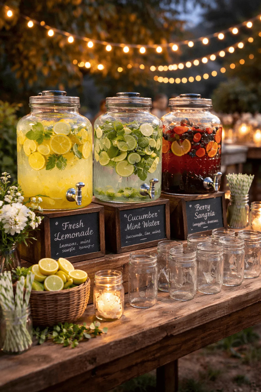 Outdoor self serve drink station featuring large glass refillable dispensers labeled fresh lemonade cucumber mint water and berry sangria filled with sliced citrus herbs and berries arranged on wooden stands with reusable glass jars for cups candles and string lights creating a warm evening garden atmosphere