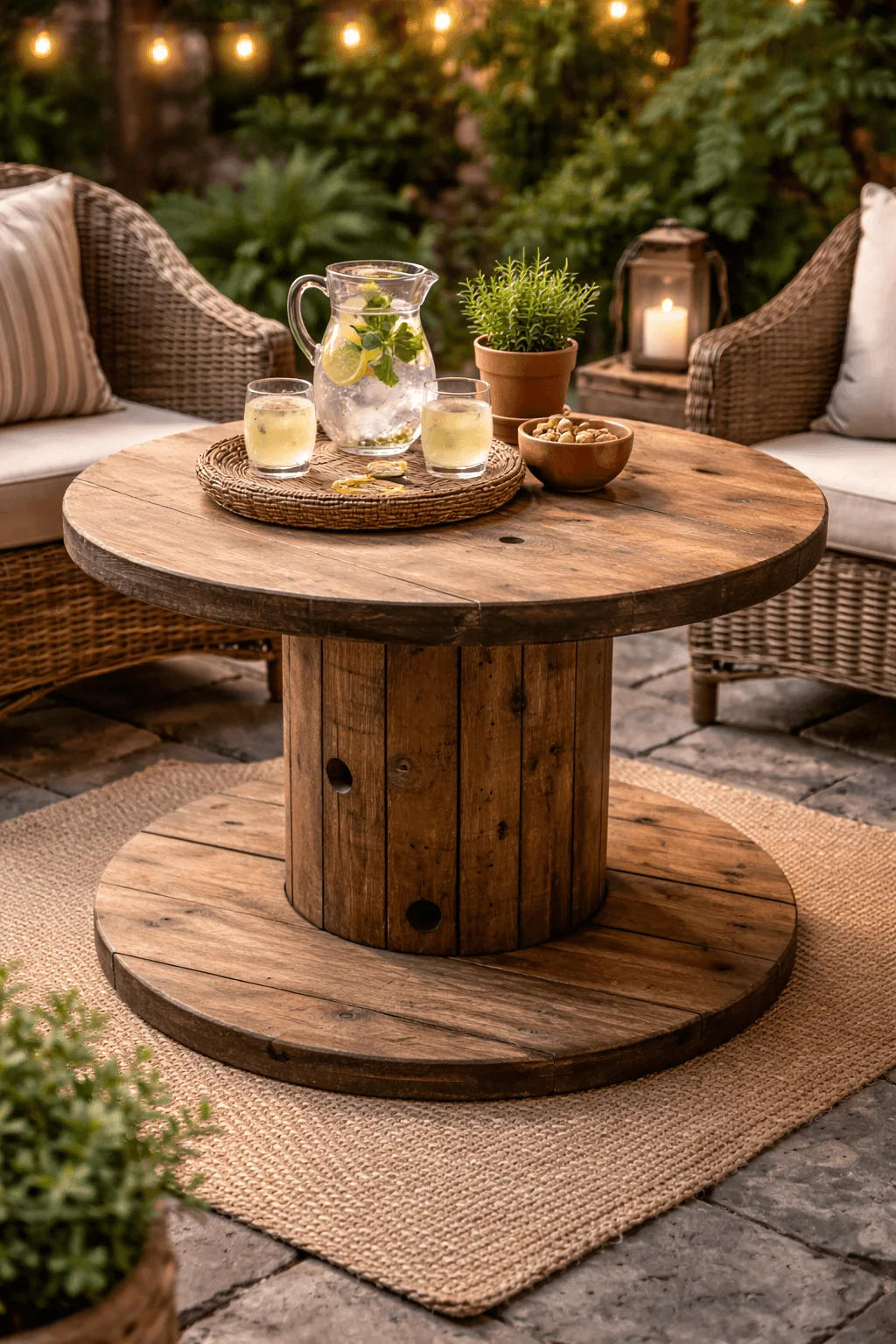 Rustic wooden cable spool patio table with glass pitcher of lemon mint drink two glasses small plant and bowl of nuts surrounded by wicker chairs on a cozy garden patio with warm string lights in the background