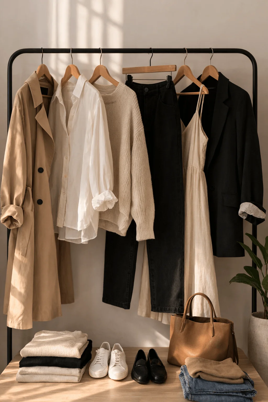 Minimalist capsule wardrobe with neutral clothing pieces including a trench coat, white shirt, sweater, black jeans, dress, blazer, shoes, and accessories neatly arranged on a clothing rack.