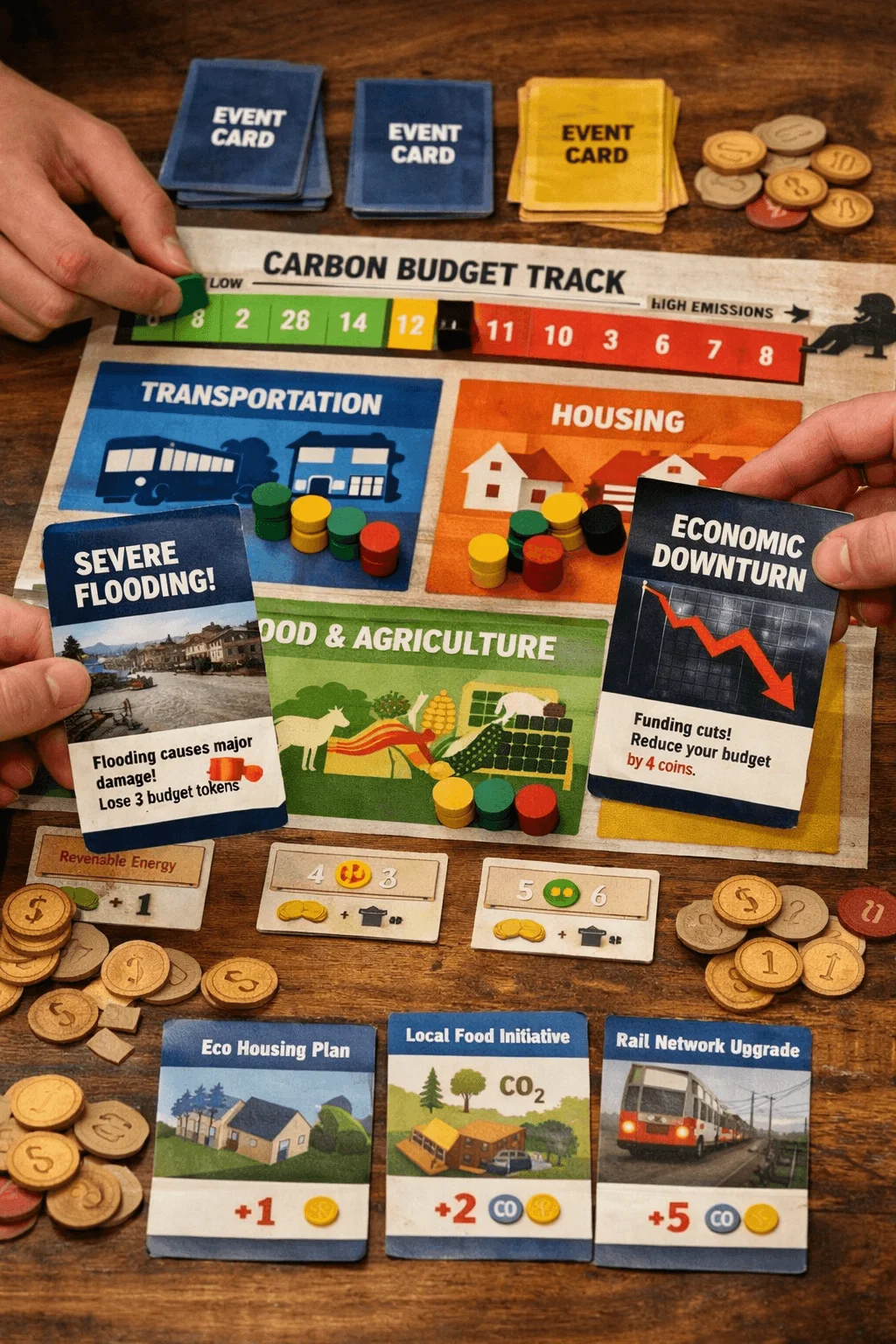 Players managing resources and decisions in a carbon budget board game featuring sectors like transportation, housing, and food while responding to climate event cards.