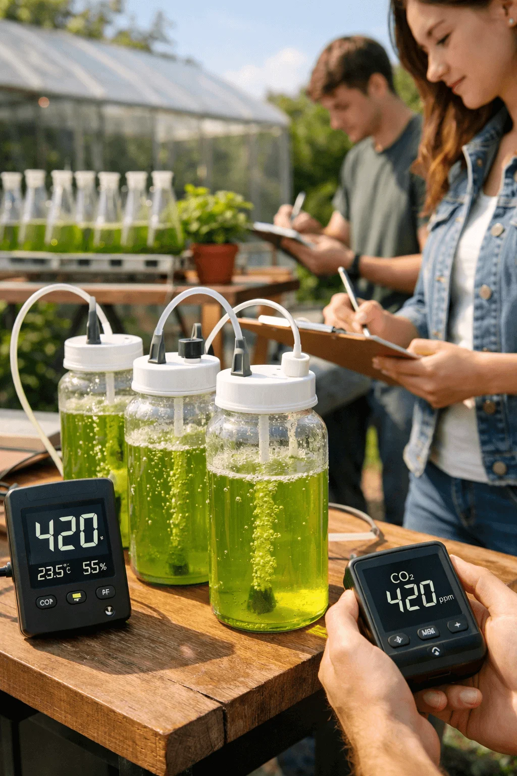 Students monitoring algae filled bioreactor jars producing bubbles while measuring carbon dioxide levels with digital sensors during a carbon capture experiment in an outdoor greenhouse setting