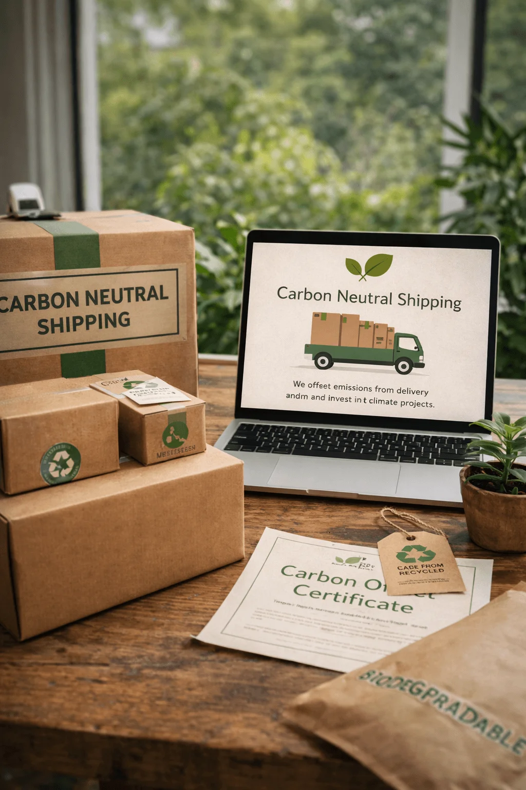 Eco-friendly ecommerce packaging and laptop displaying carbon neutral shipping with recycled boxes, biodegradable materials, and carbon offset certification on a wooden workspace.