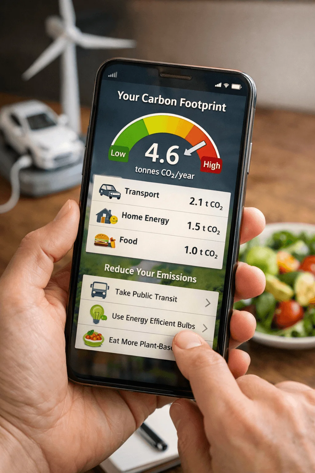 Person holding a smartphone displaying a carbon footprint tracker app showing emissions from transport home energy and food along with suggestions to reduce emissions with a wind turbine model and healthy meal in the background