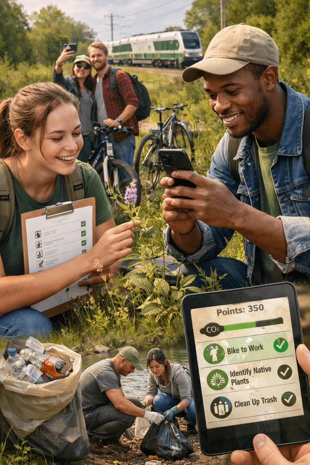 Group of friends outdoors identifying native plants and taking photos near a train and bicycles with a tablet showing carbon points for biking to work identifying native plants and cleaning up trash while others collect litter by a river