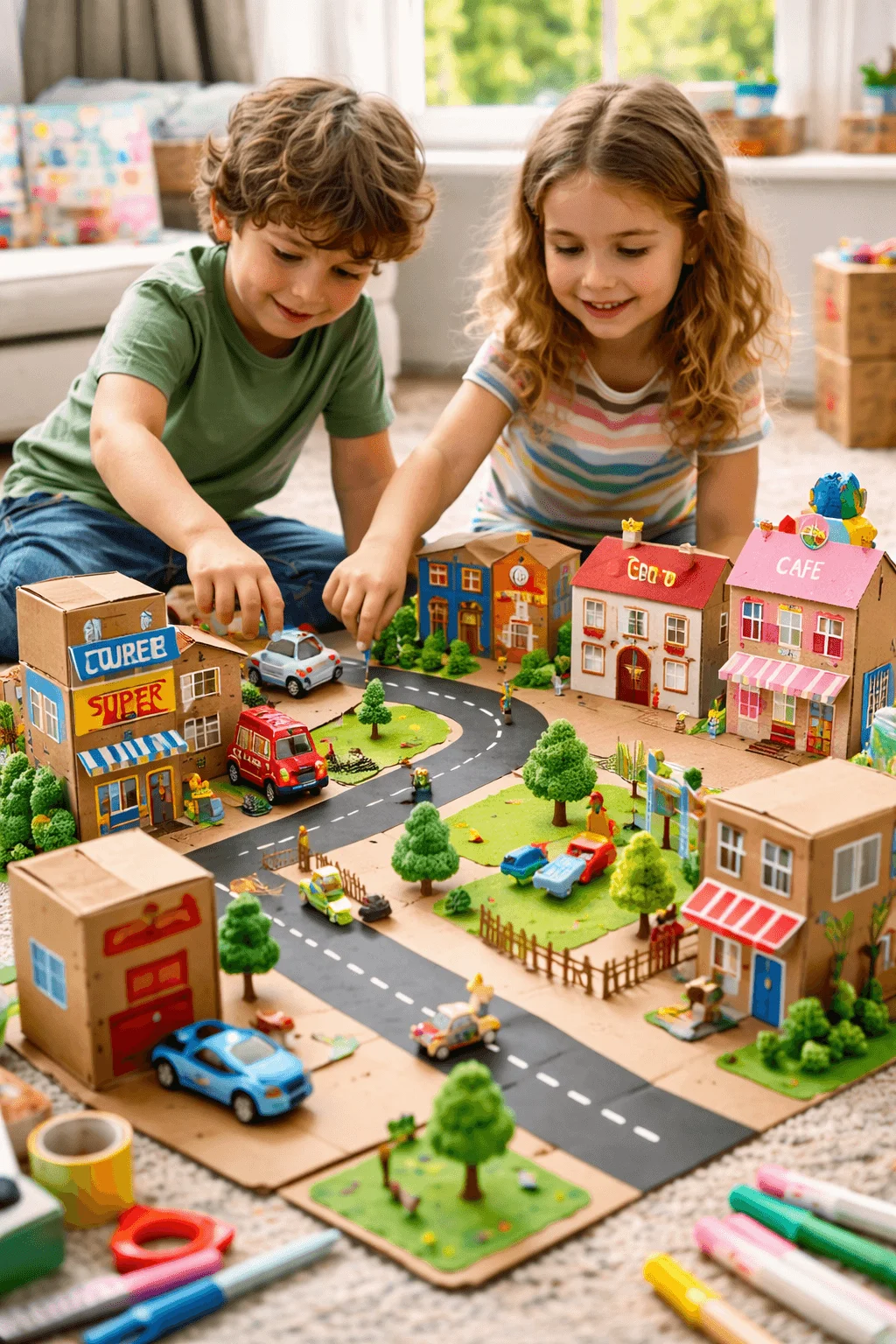 Children playing with a handmade cardboard city playset featuring miniature buildings roads trees and toy cars created from recycled cardboard boxes and craft supplies as a creative DIY kids project.