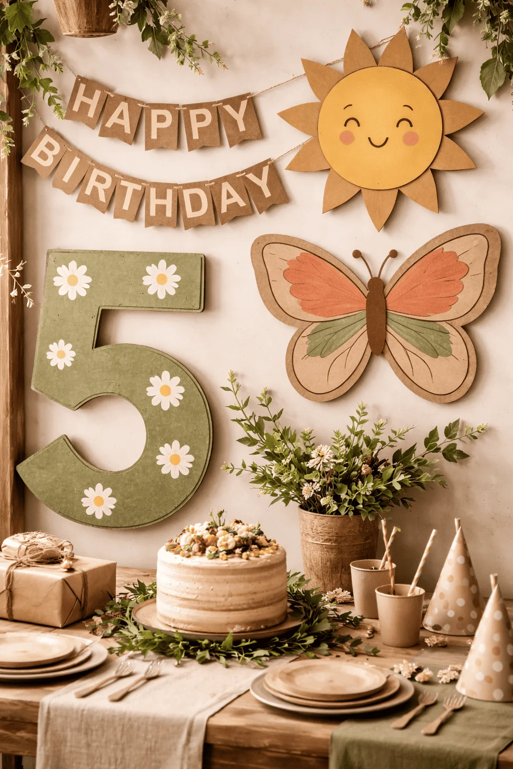 Eco friendly birthday setup with cardboard cutout decorations including happy birthday banner smiling sun butterfly and large number five with daisy details rustic table with frosted cake greenery kraft wrapped gift paper plates cups and party hats in a natural earthy themed setting