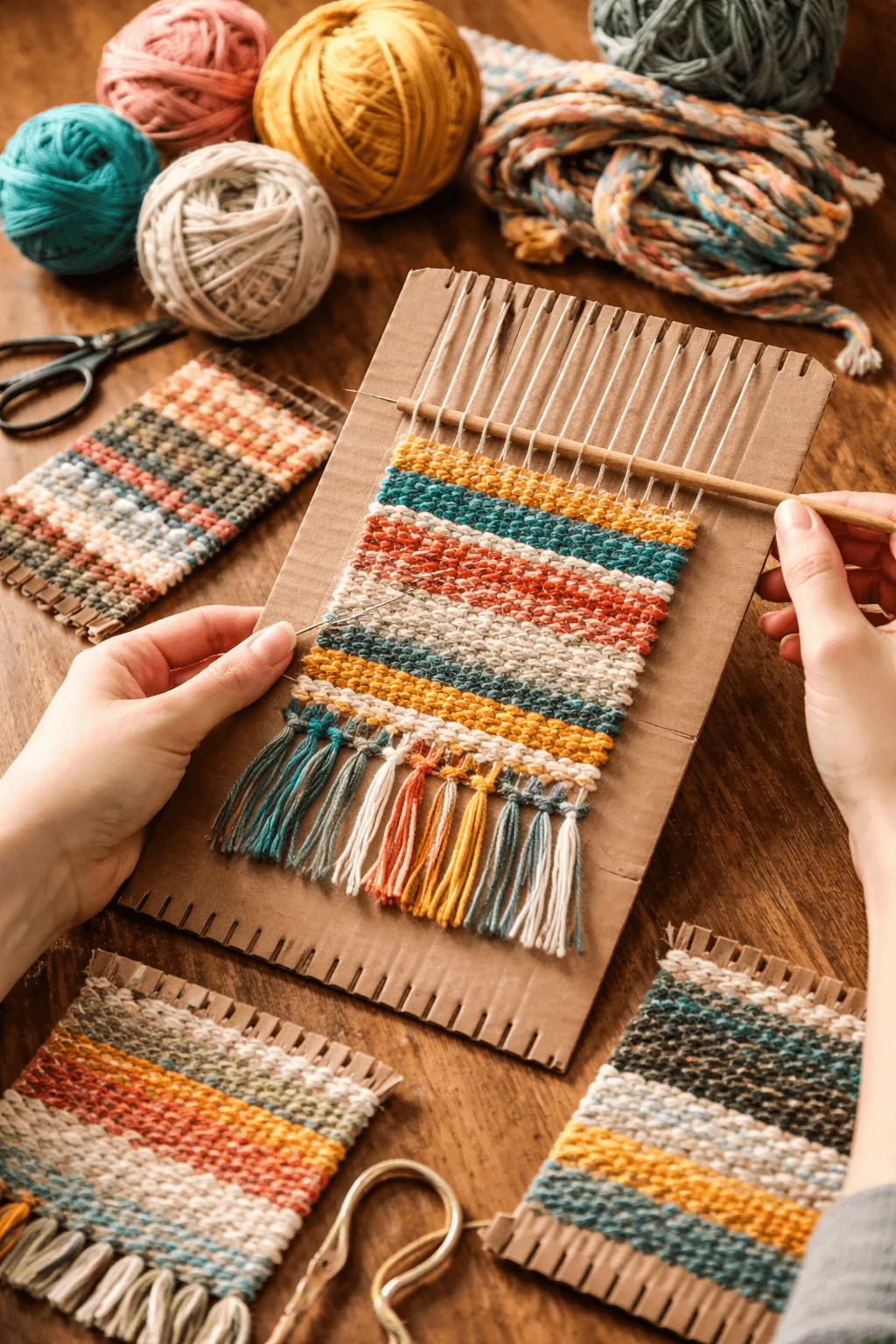 Hand weaving on a simple cardboard loom using colorful yarn, with finished woven pieces and crafting tools on a wooden table.