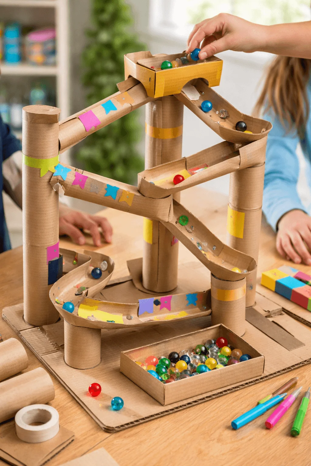 Children building and playing with a creative cardboard marble run made from recycled paper tubes and boxes where colorful marbles roll down winding ramps and tracks in a fun eco friendly DIY project.