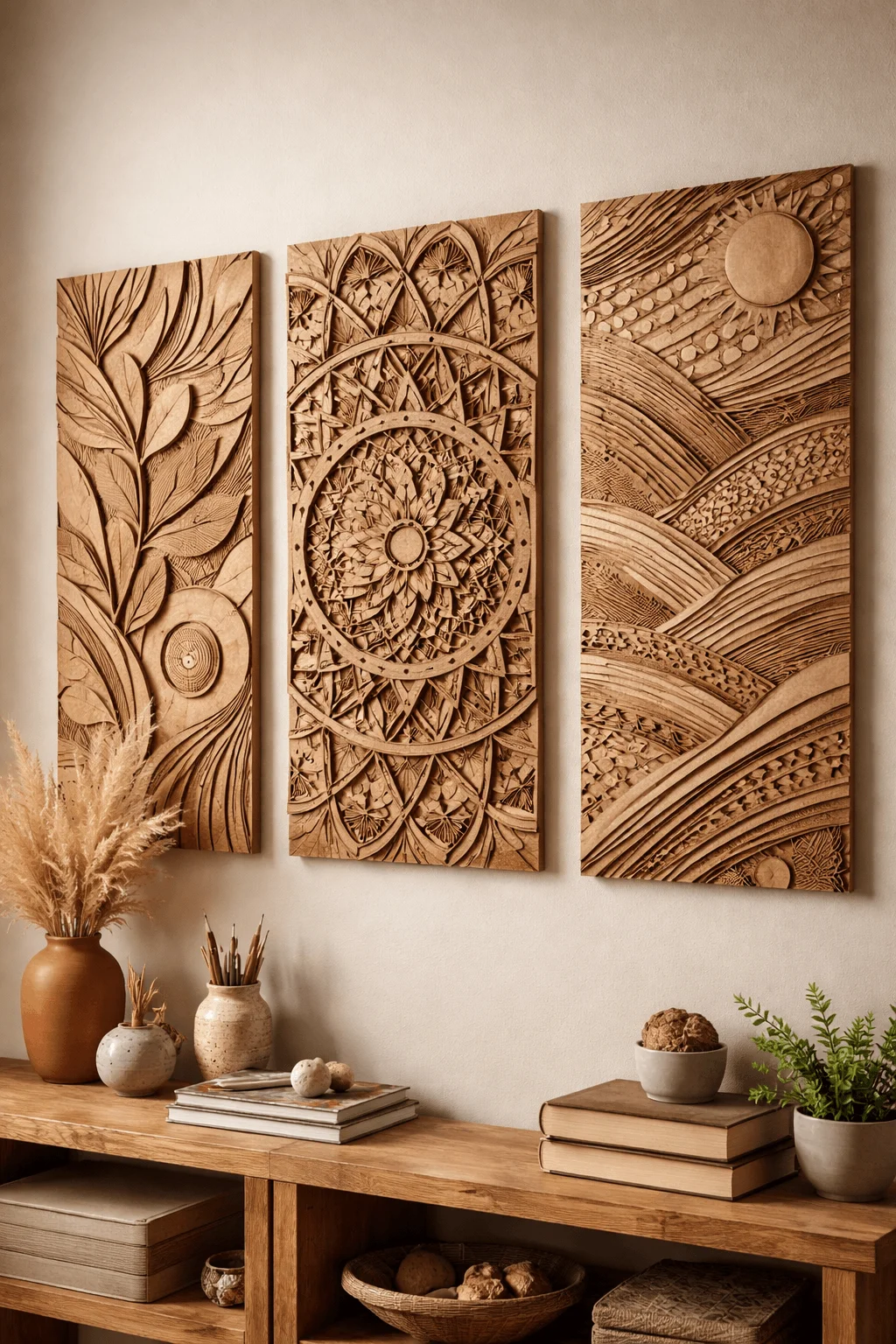 Decorative wall art panels made from layered cardboard with intricate carved patterns displayed above a wooden shelf with natural decor items