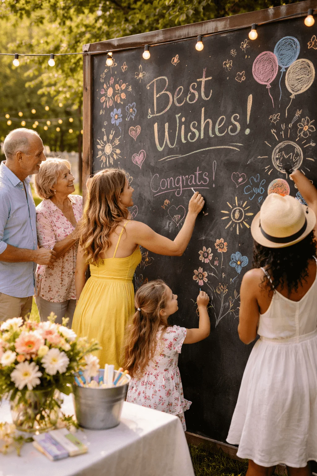 Guests of different ages writing colorful messages and drawings on a large outdoor chalkboard that reads Best Wishes and Congrats during a festive garden celebration with string lights and flowers nearby