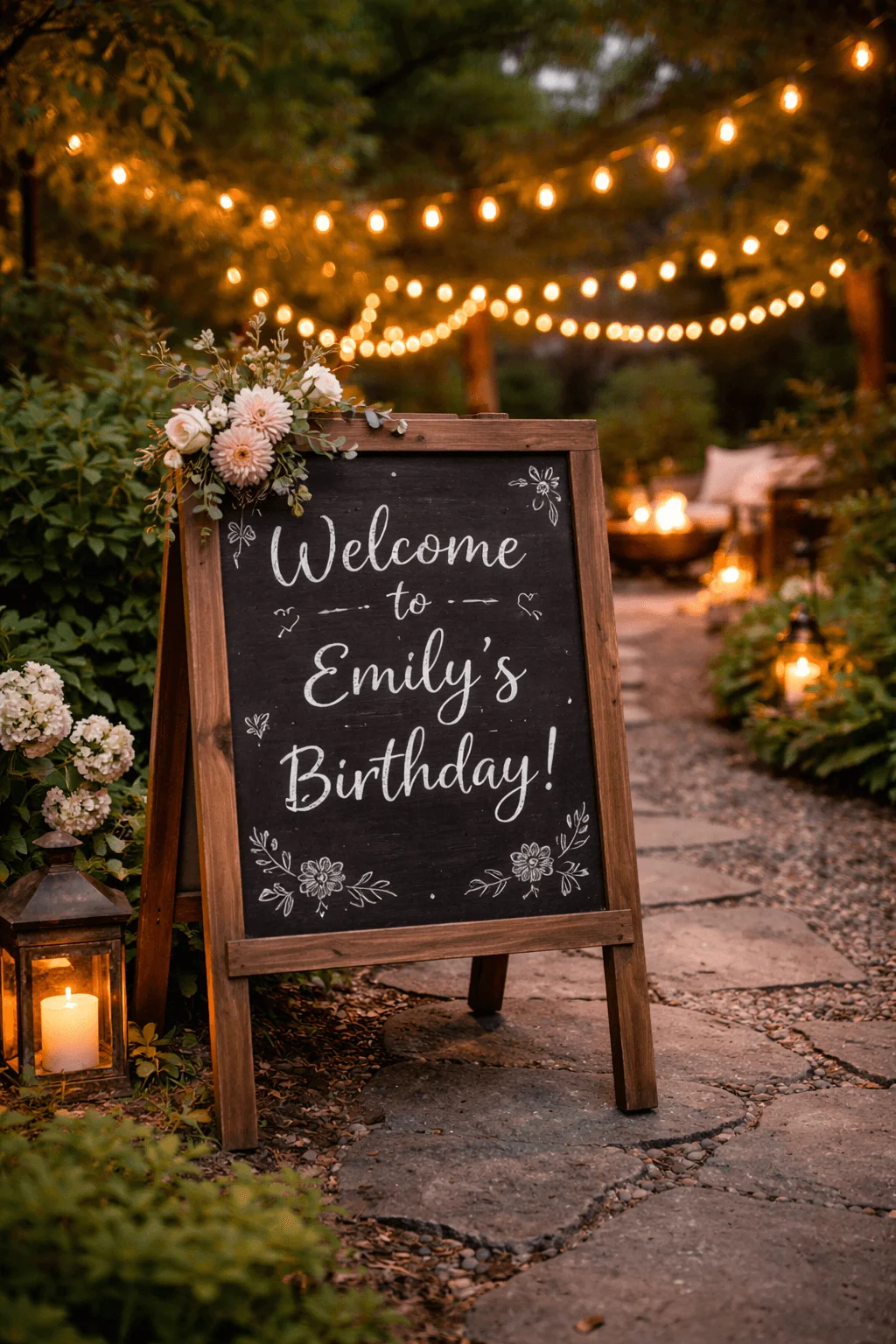 Rustic chalkboard welcome sign on a wooden easel reading Welcome to Emily’s Birthday placed along a garden stone path with lanterns candles flowers and warm string lights glowing overhead at dusk