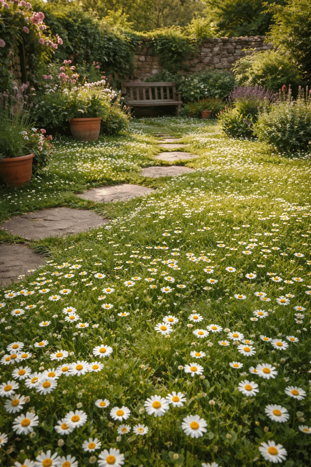Stone pathway leading through a lush chamomile lawn covered in small white daisy like flowers with a wooden bench and flowering plants along a garden wall in the background