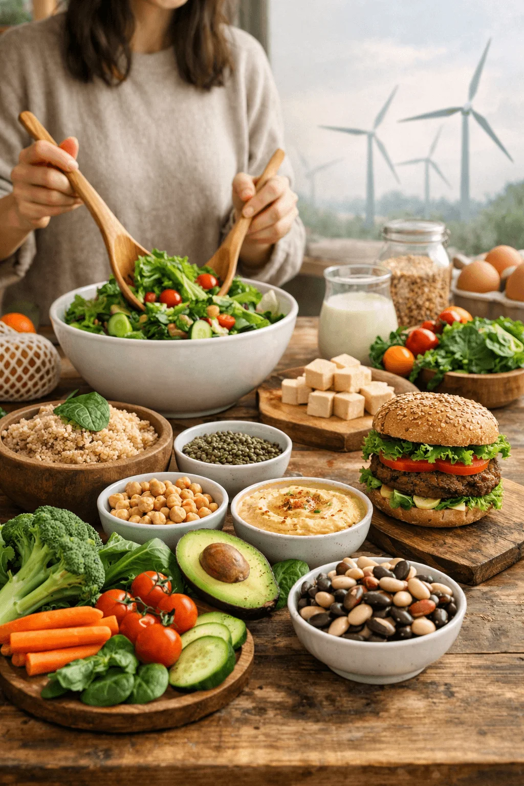 Person preparing a fresh salad with wooden utensils at a table filled with plant based foods including beans, lentils, quinoa, hummus, tofu, vegetables, avocado, and a veggie burger with wind turbines visible outside the window.