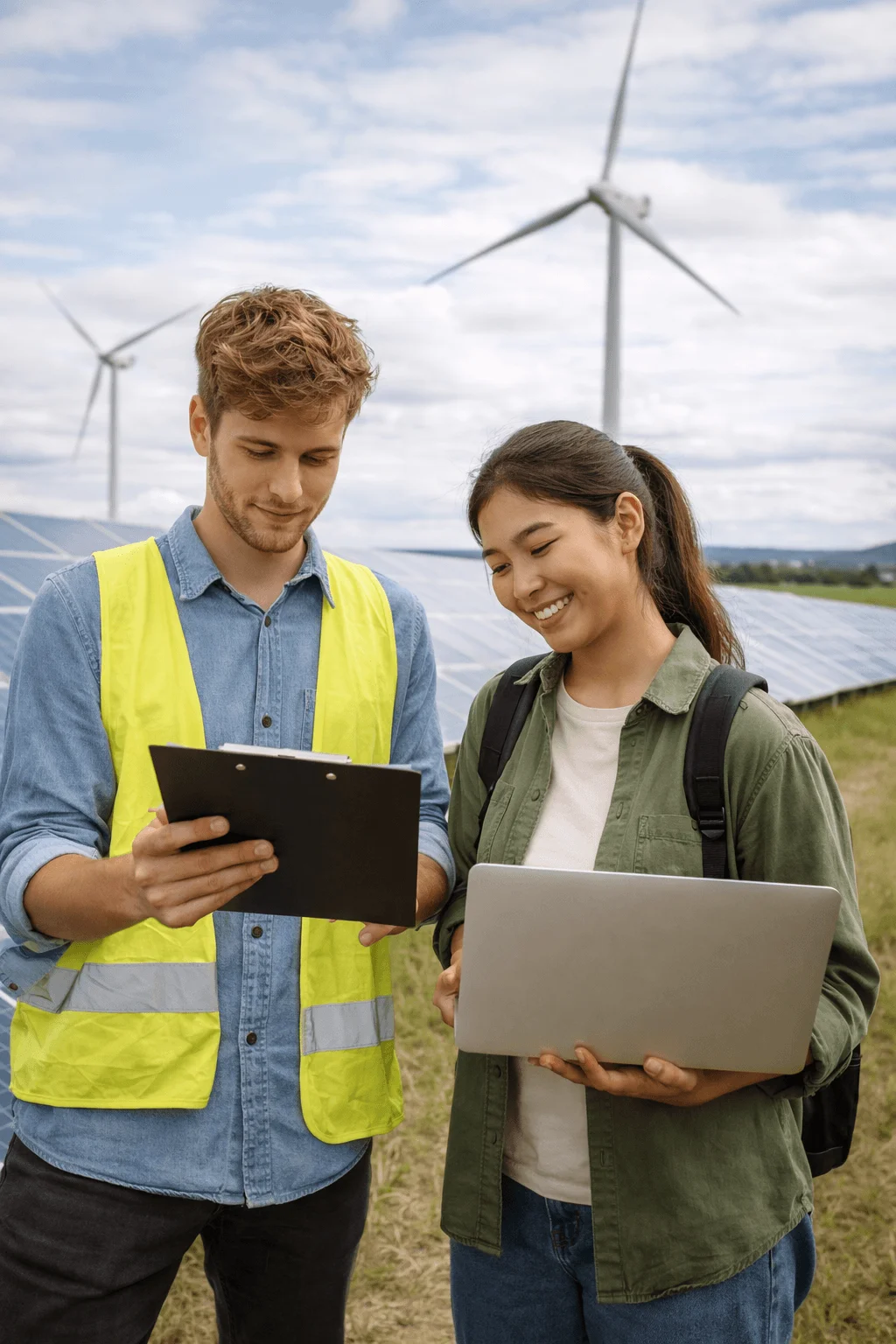 Two students reviewing notes with a clipboard and laptop at a renewable energy site with wind turbines and solar panels, representing interest in sustainability-focused career paths.